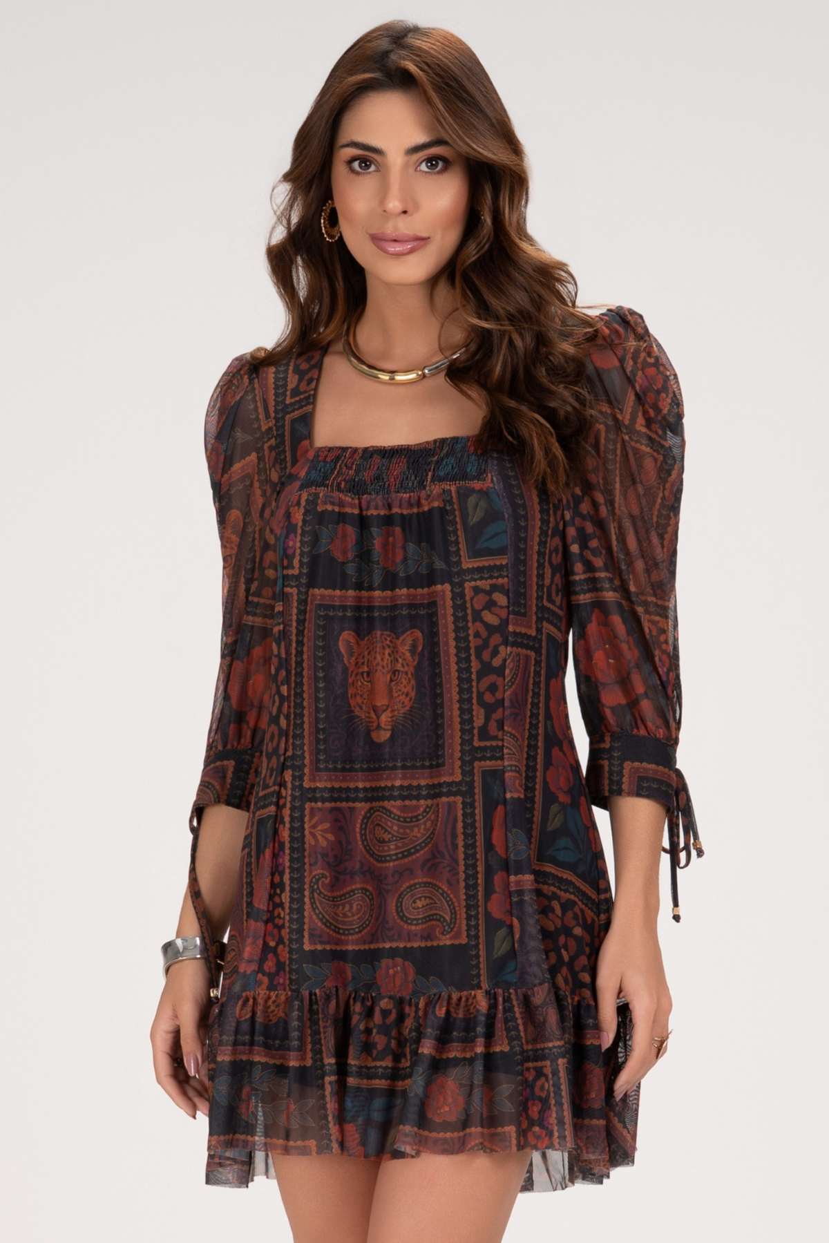 Vestido Curto Frysaide Preto Tule Estampado
