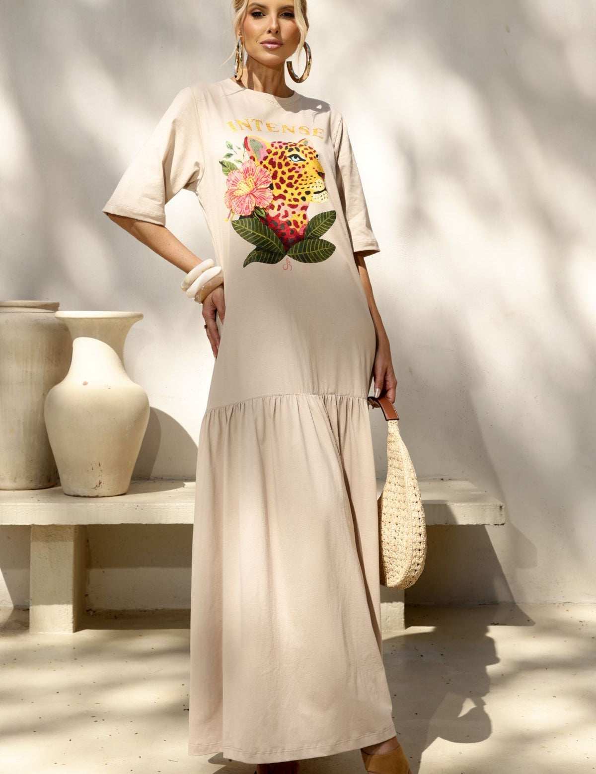 Vestido Frysaide Bege Estampa Localizada Super Midi