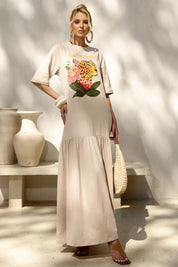 Vestido Frysaide Bege Estampa Localizada Super Midi