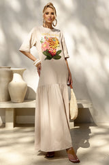 Vestido Frysaide Bege Estampa Localizada Super Midi