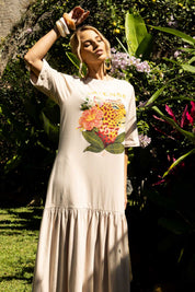 Vestido Frysaide Bege Estampa Localizada Super Midi
