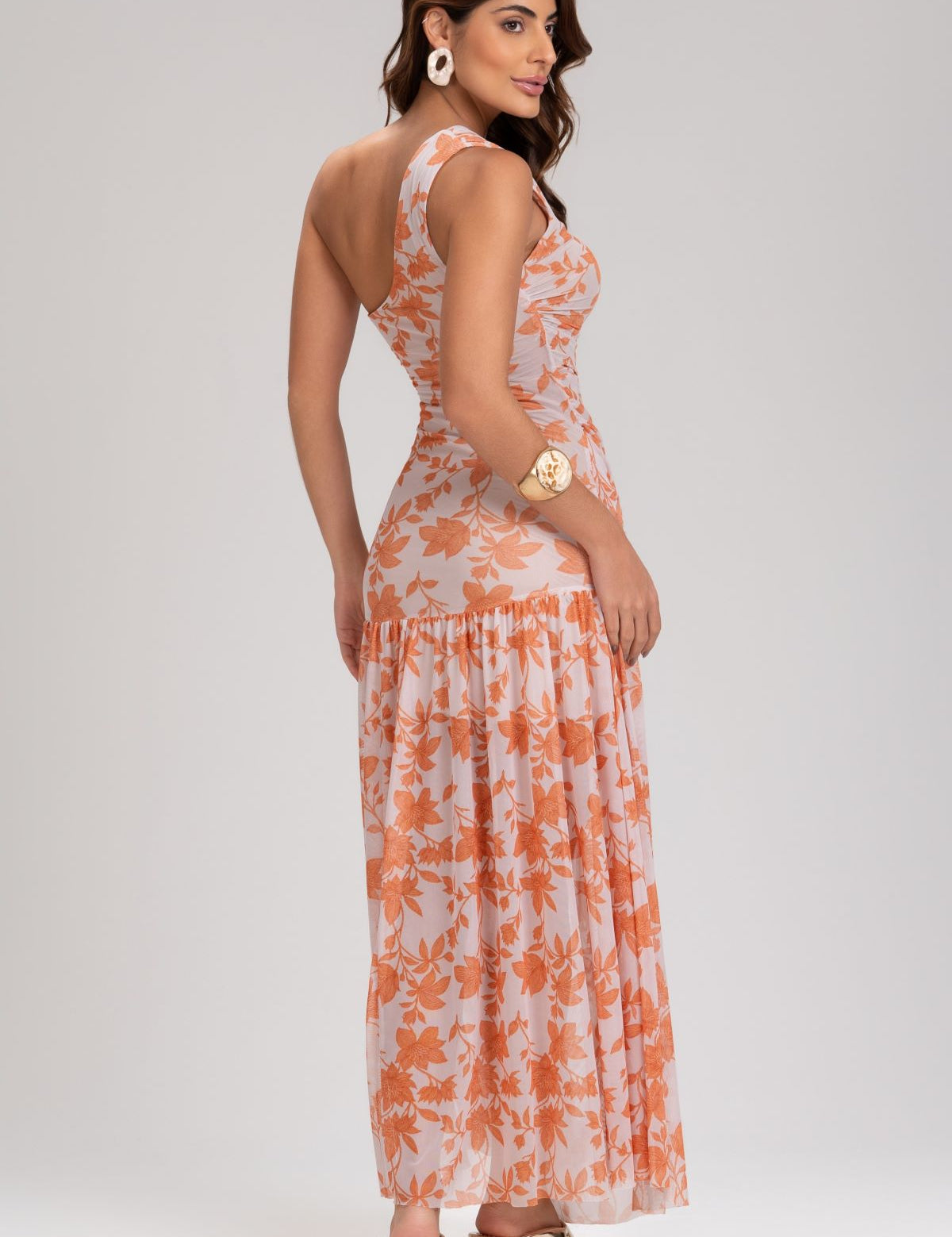 Vestido Frysaide Branco Floral Tule Um Ombro Só