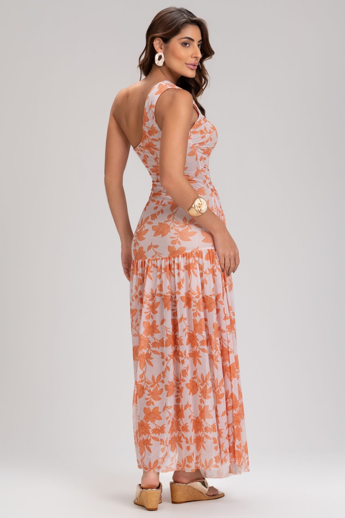 Vestido Frysaide Branco Floral Tule Um Ombro Só