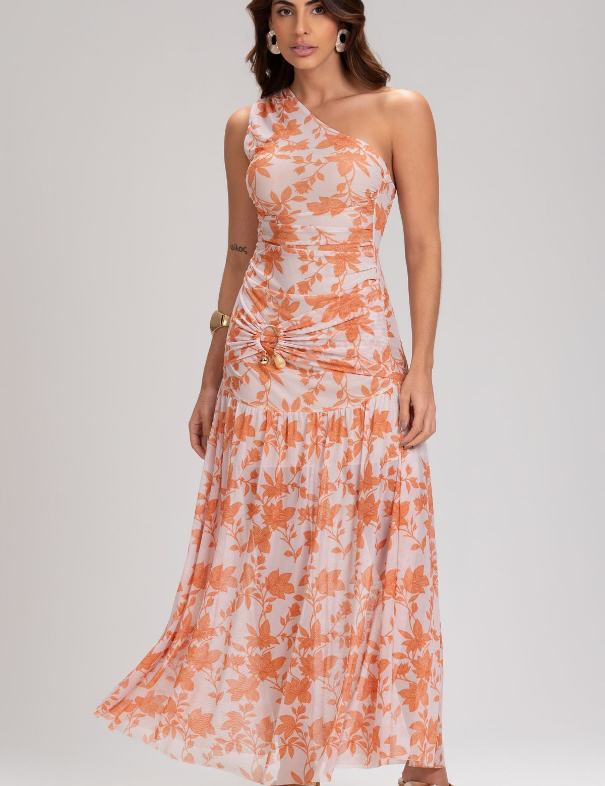 Vestido Frysaide Branco Floral Tule Um Ombro Só