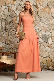 Vestido Frysaide Laranja Linho Alças Finas Longo