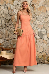 Vestido Frysaide Laranja Linho Alças Finas Longo