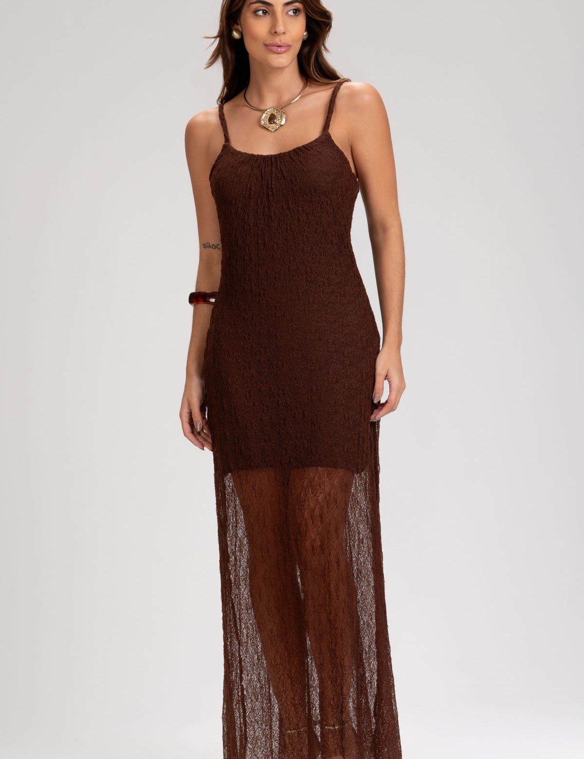 Vestido Frysaide Marrom Alça Trançada Transparência