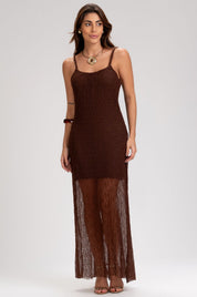 Vestido Frysaide Marrom Alça Trançada Transparência