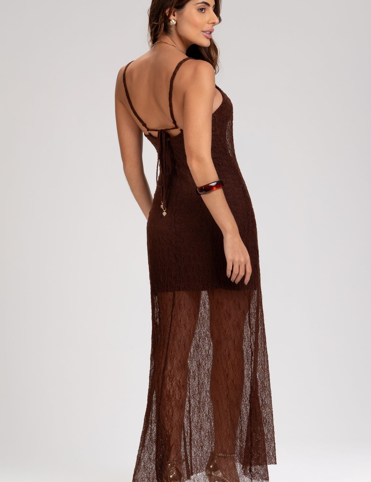 Vestido Frysaide Marrom Alça Trançada Transparência
