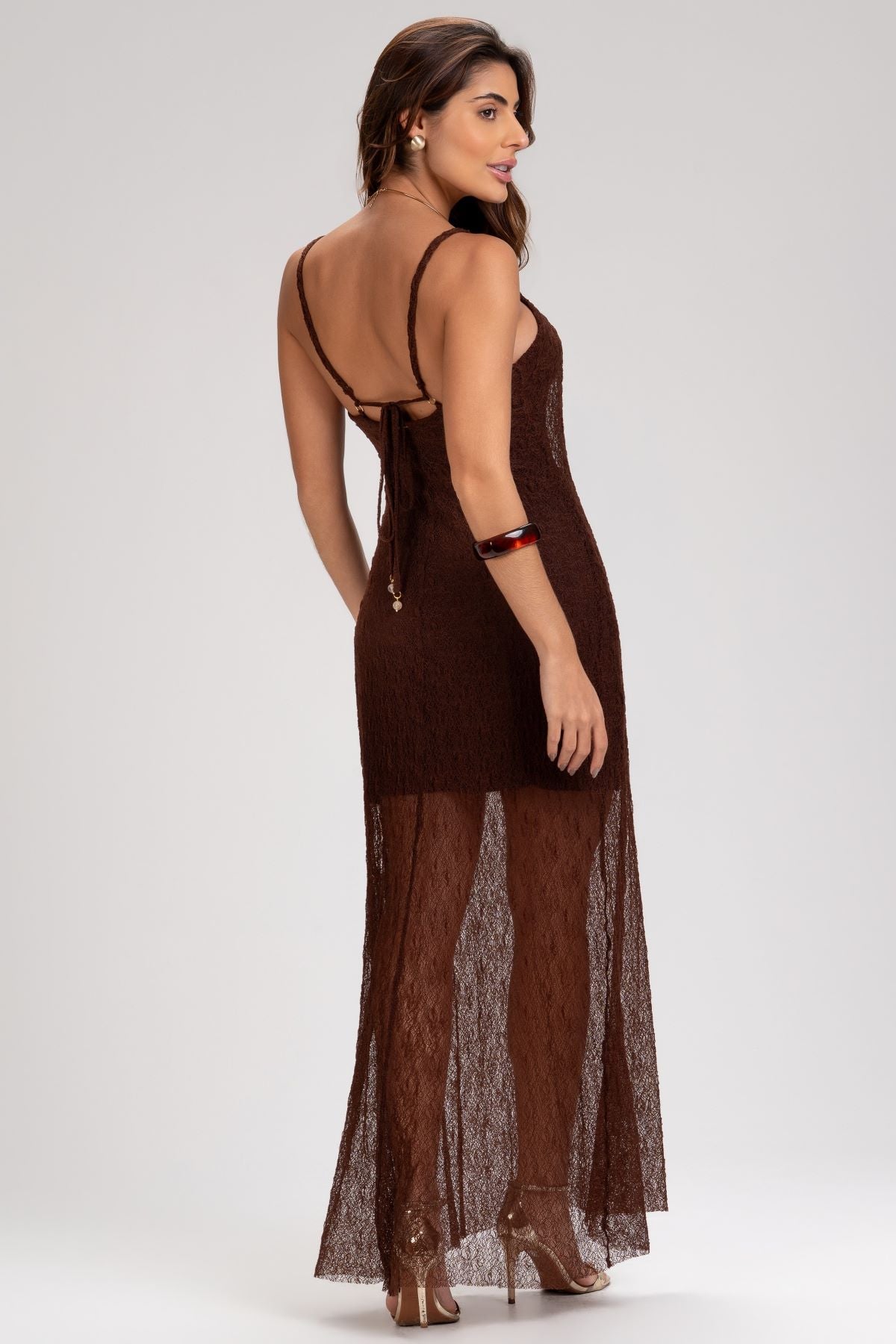 Vestido Frysaide Marrom Alça Trançada Transparência