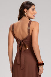 Vestido Frysaide Marrom Amarração Costas Longo