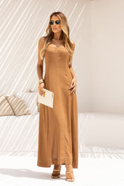 Vestido Frysaide Marrom Frente Única Pesponto Contrastante