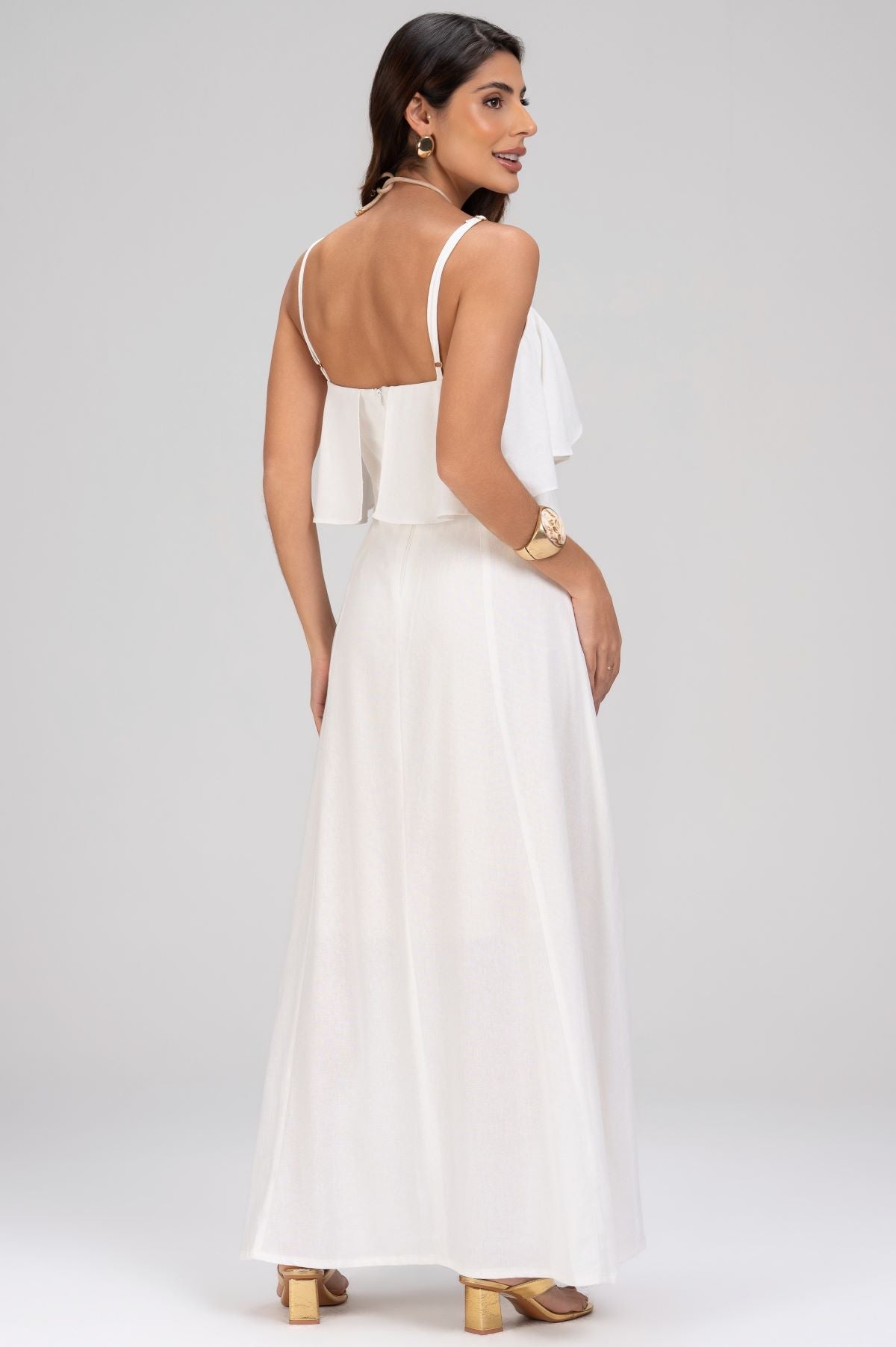 Vestido Frysaide Off White Babado No Decote