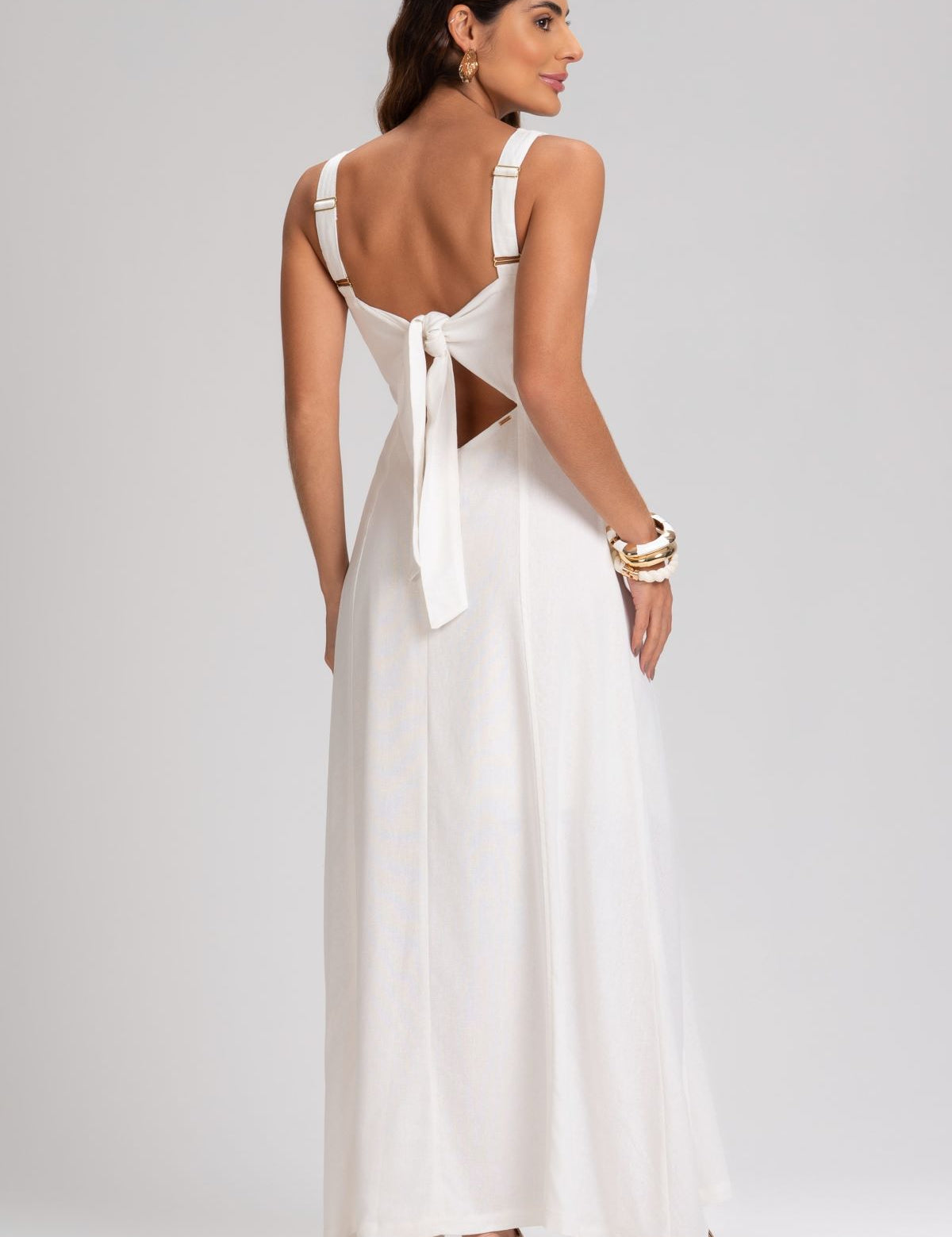 Vestido Frysaide Off White Linho Costas Amarração