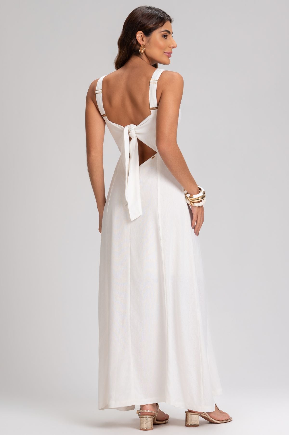 Vestido Frysaide Off White Linho Costas Amarração