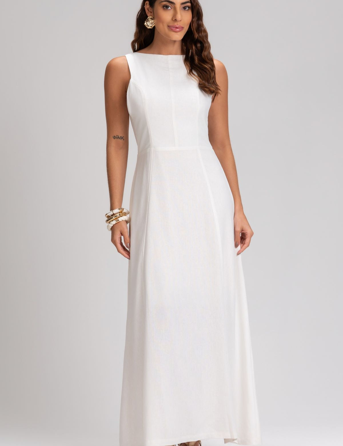 Vestido Frysaide Off White Linho Costas Amarração