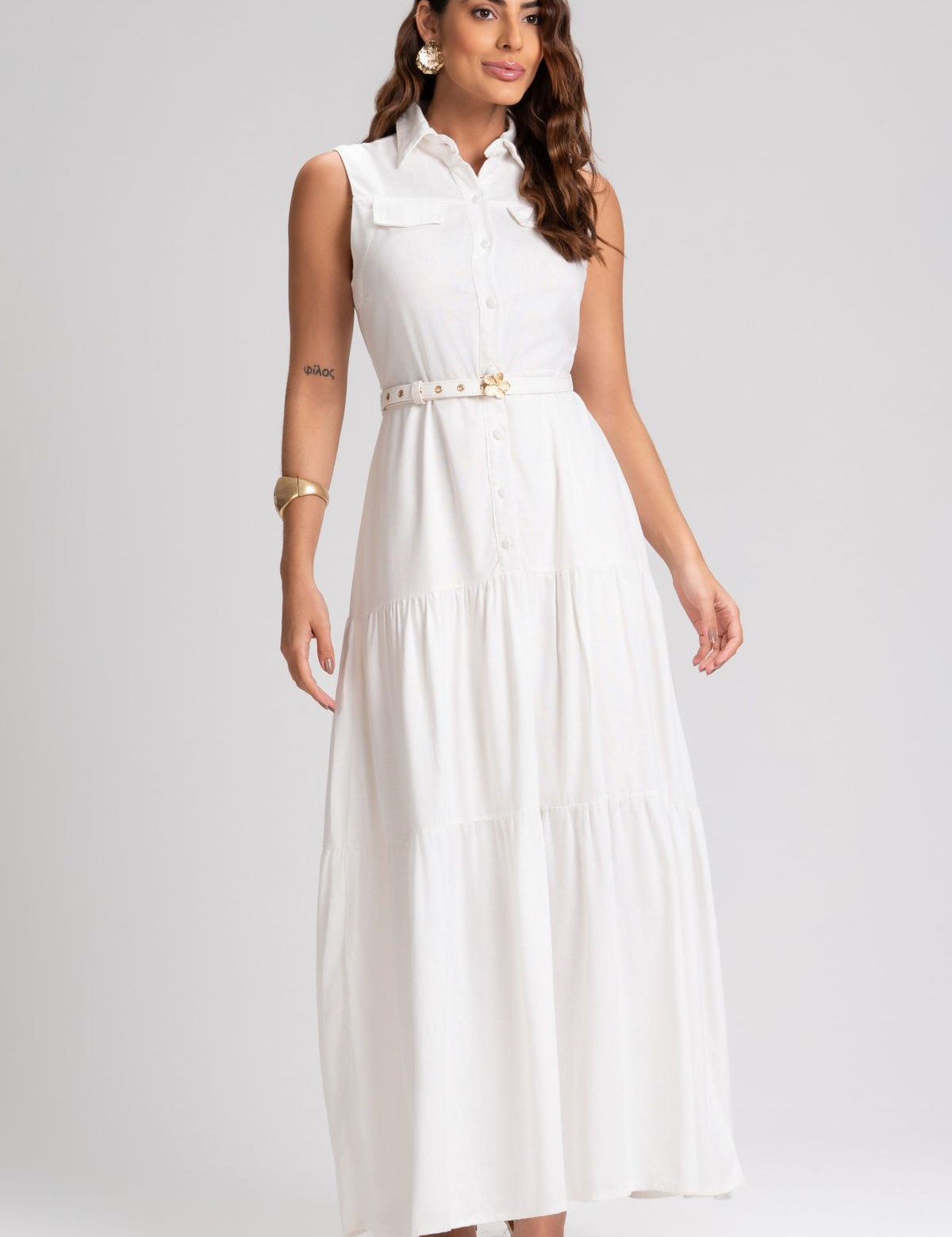 Vestido Frysaide Off White Longo Cinto Flor