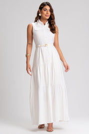 Vestido Frysaide Off White Longo Cinto Flor