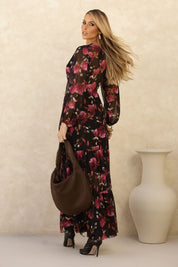 Vestido Frysaide Preto Floral Decote V Longo