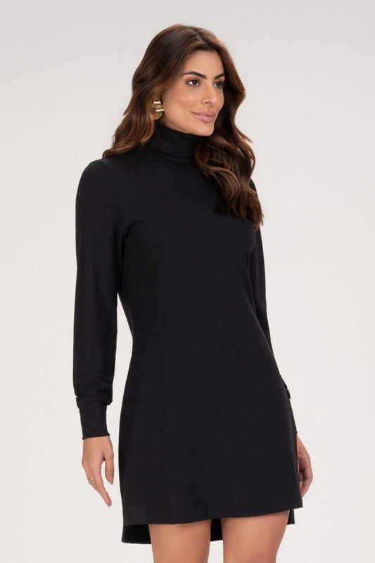 Vestido Frysaide Preto Tricô Gola Alta Curto