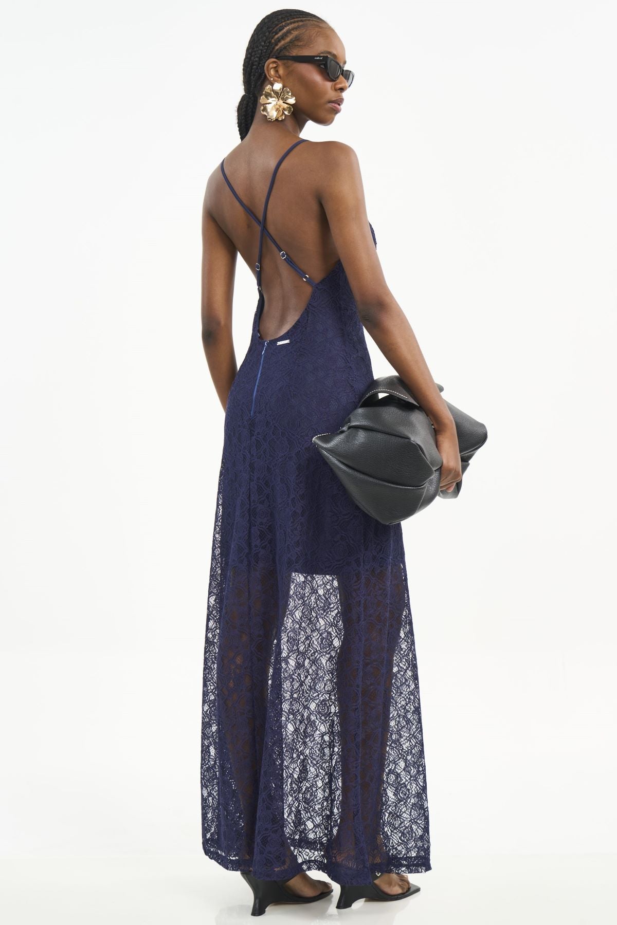 Vestido Longo Colcci Azul Em Renda Alças Finas