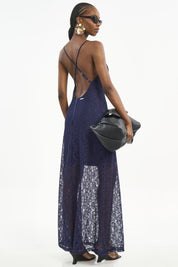 Vestido Longo Colcci Azul Em Renda Alças Finas