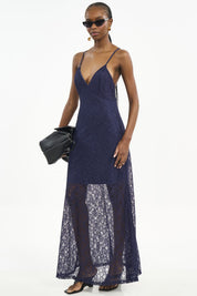 Vestido Longo Colcci Azul Em Renda Alças Finas