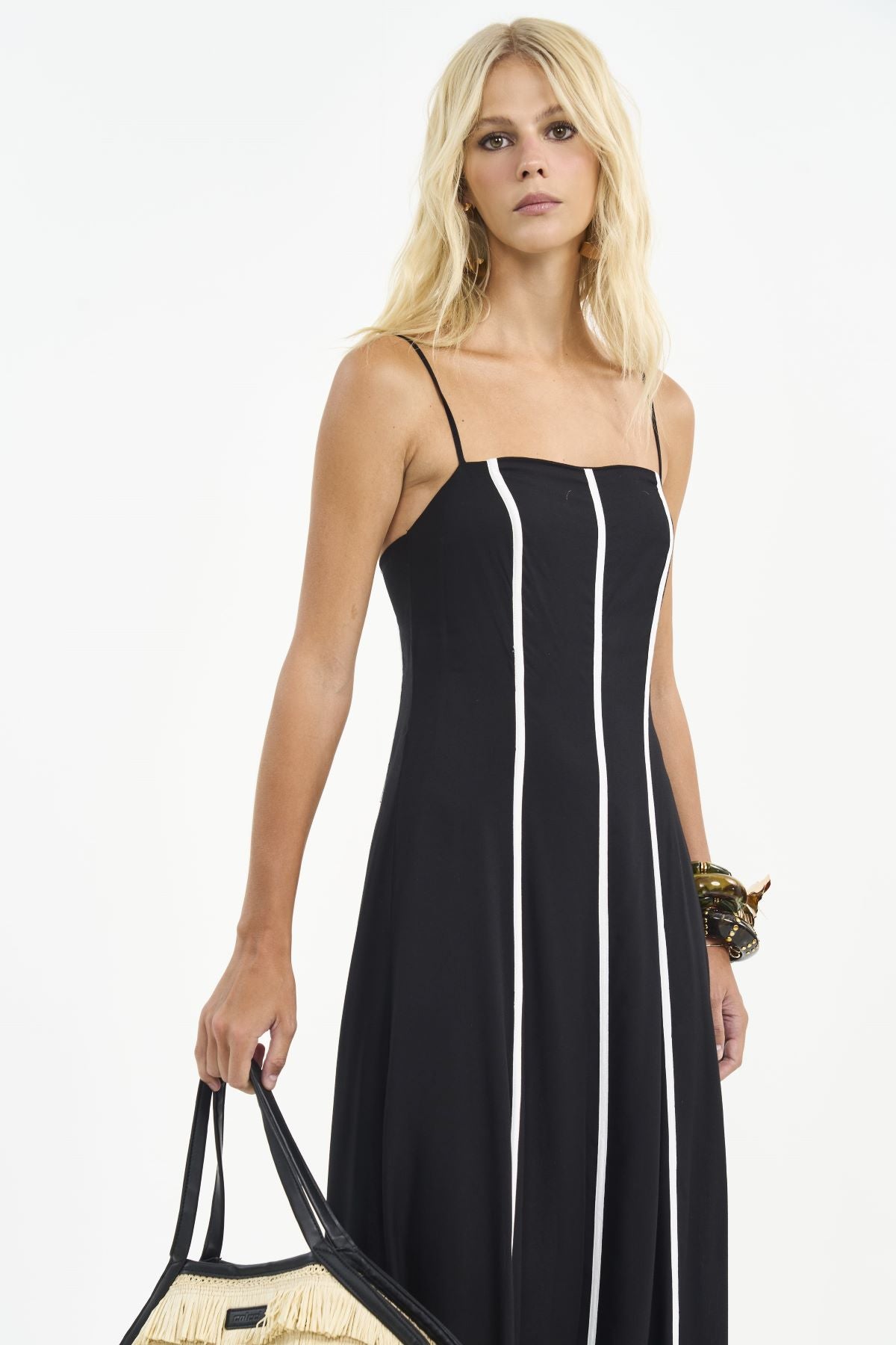 Vestido Longo Colcci Preto Listras Verticais