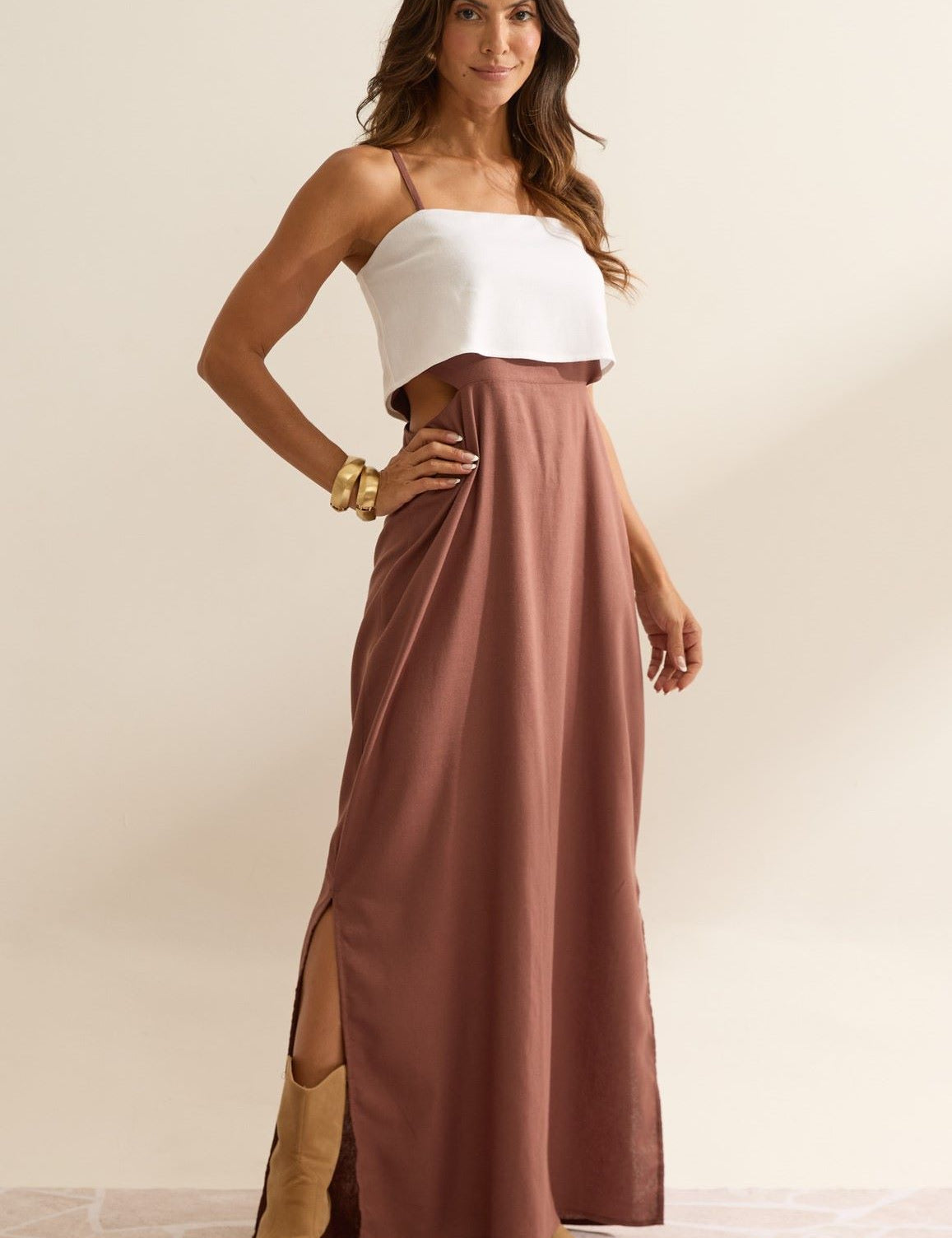 Vestido Longo Flo Maria Marrom Bicolor Linho