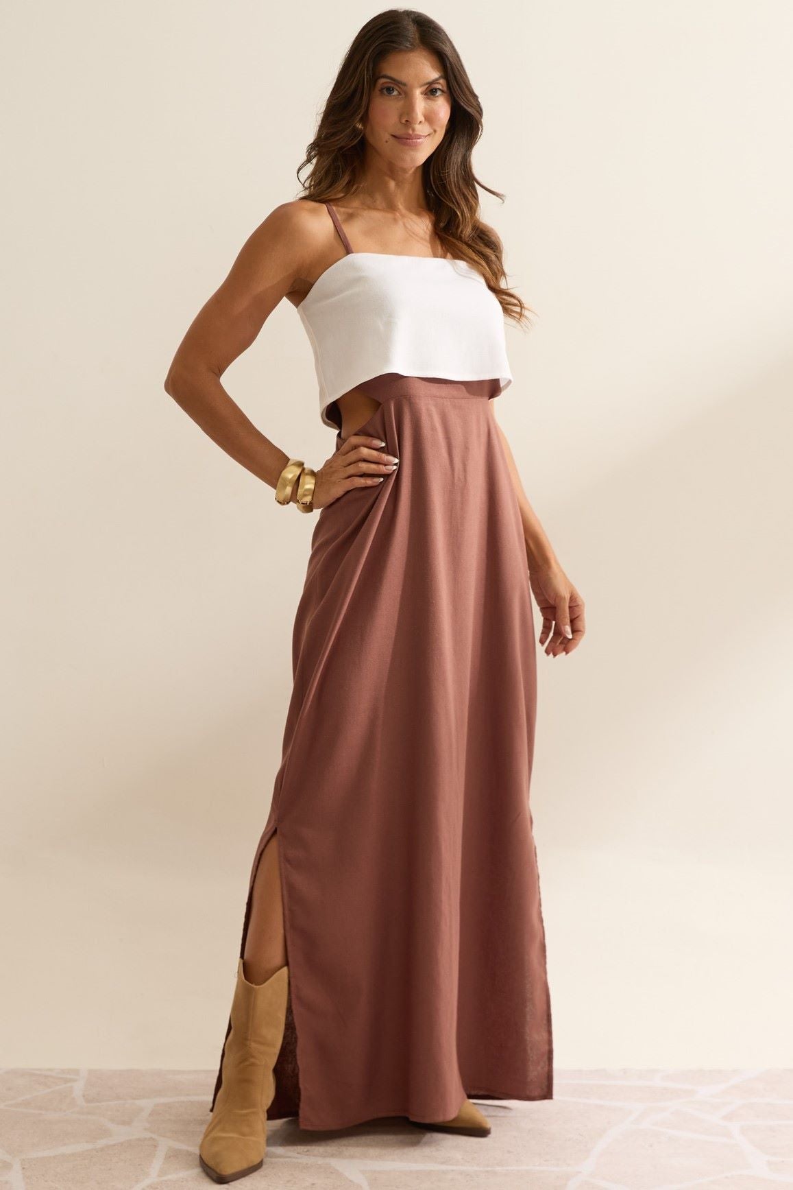 Vestido Longo Flo Maria Marrom Bicolor Linho