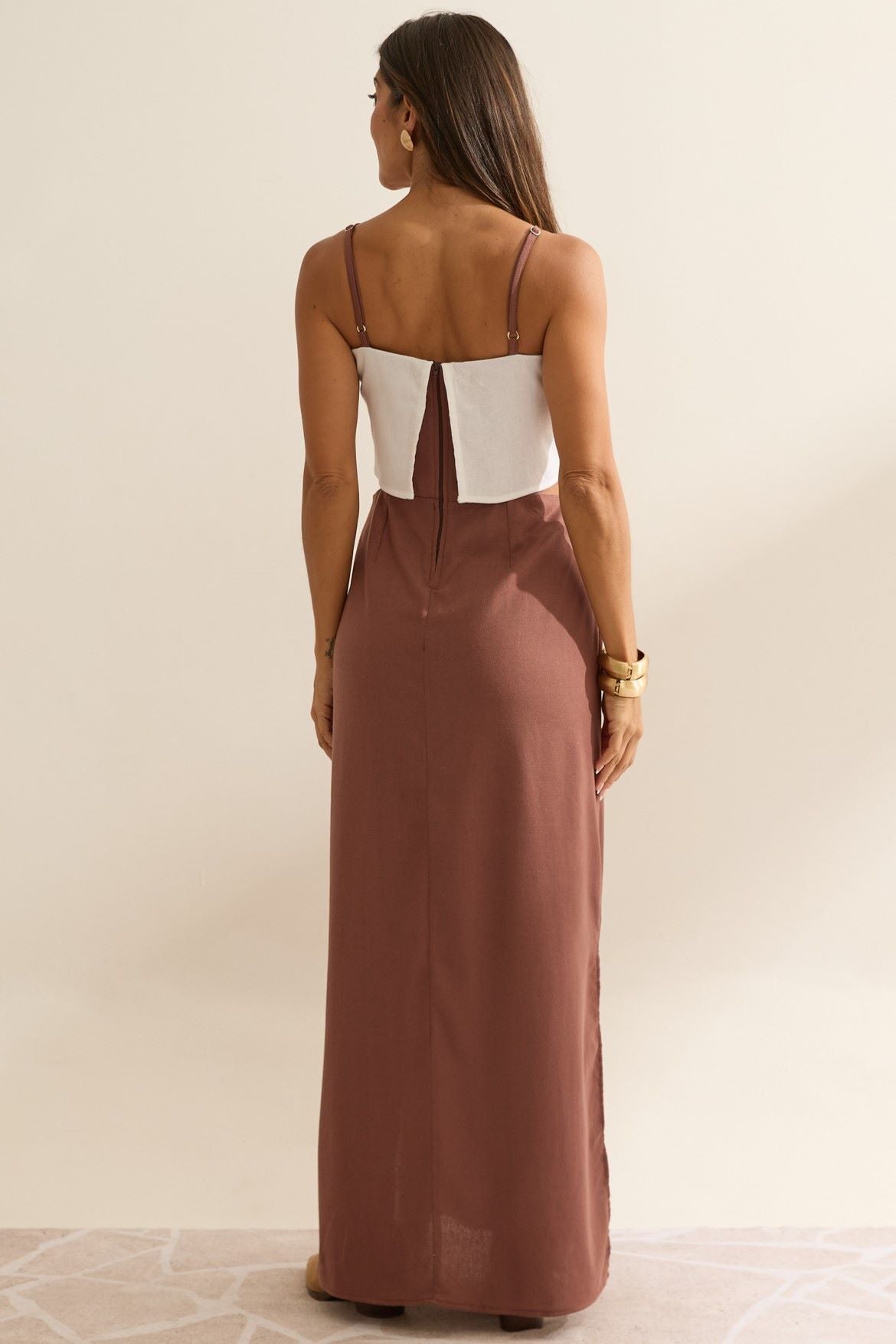 Vestido Longo Flo Maria Marrom Bicolor Linho