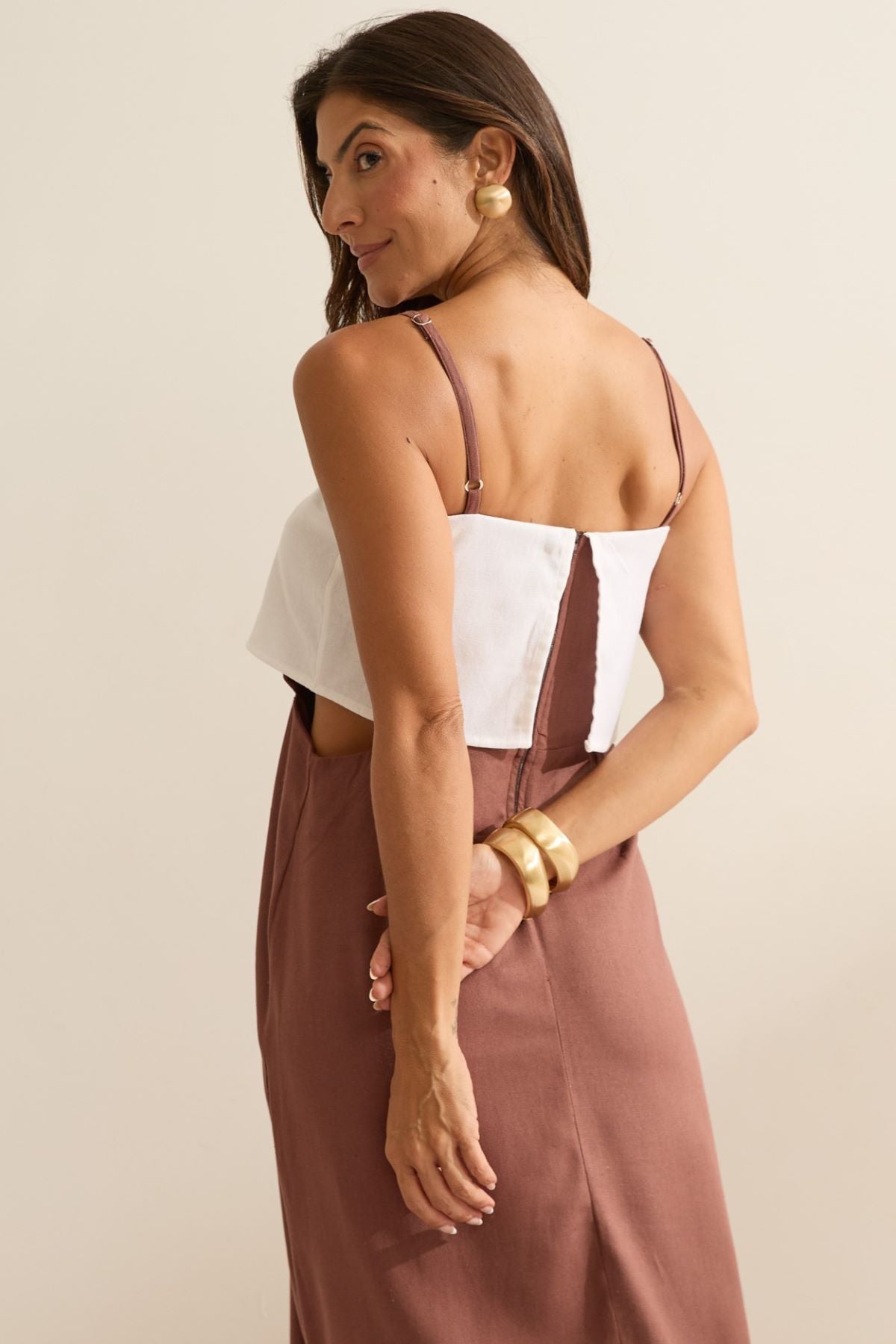 Vestido Longo Flo Maria Marrom Bicolor Linho