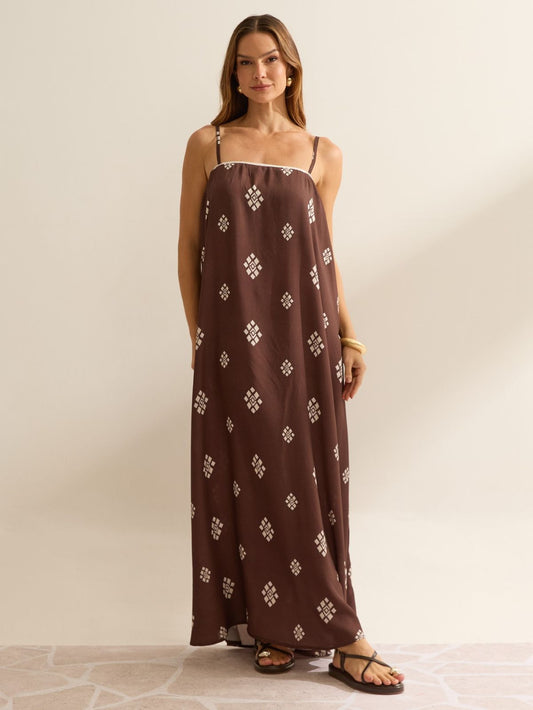 Vestido Longo Flo Maria Marrom Estampa Geométrica