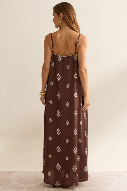 Vestido Longo Flo Maria Marrom Estampa Geométrica