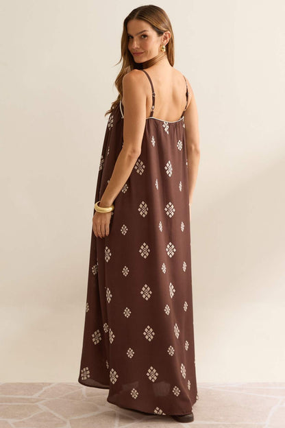 Vestido Longo Flo Maria Marrom Estampa Geométrica