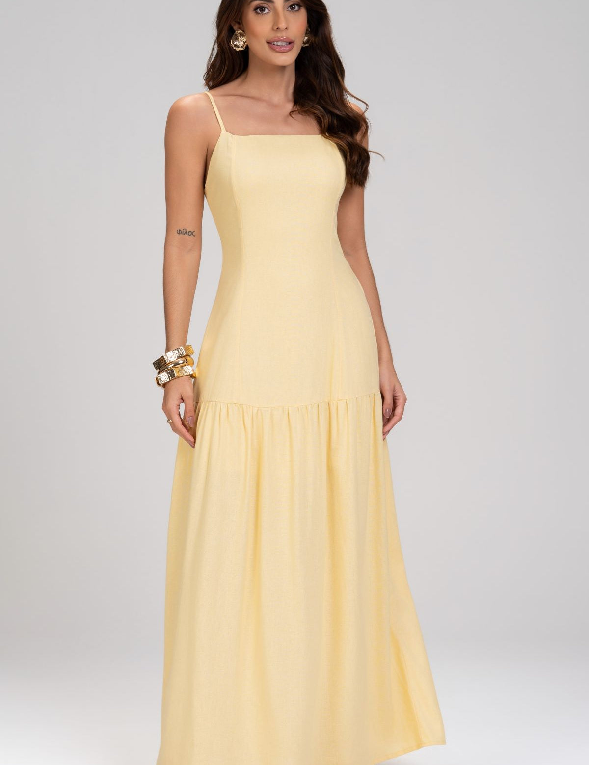 Vestido Longo Frysaide Amarelo Linho Alças Finas