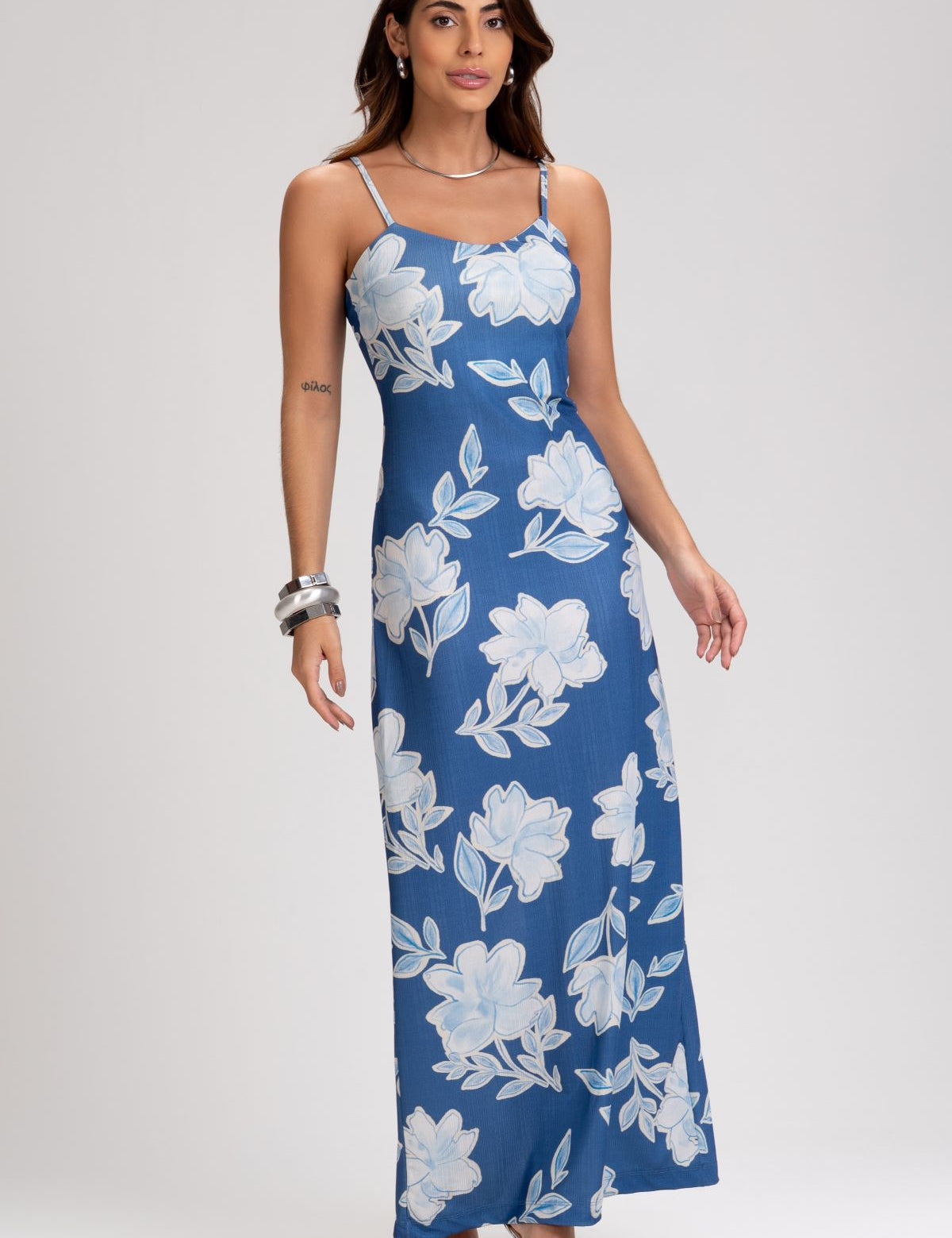 Vestido Longo Frysaide Azul Estampa Floral Canelado