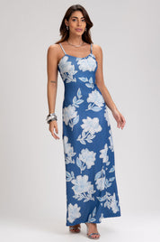 Vestido Longo Frysaide Azul Estampa Floral Canelado