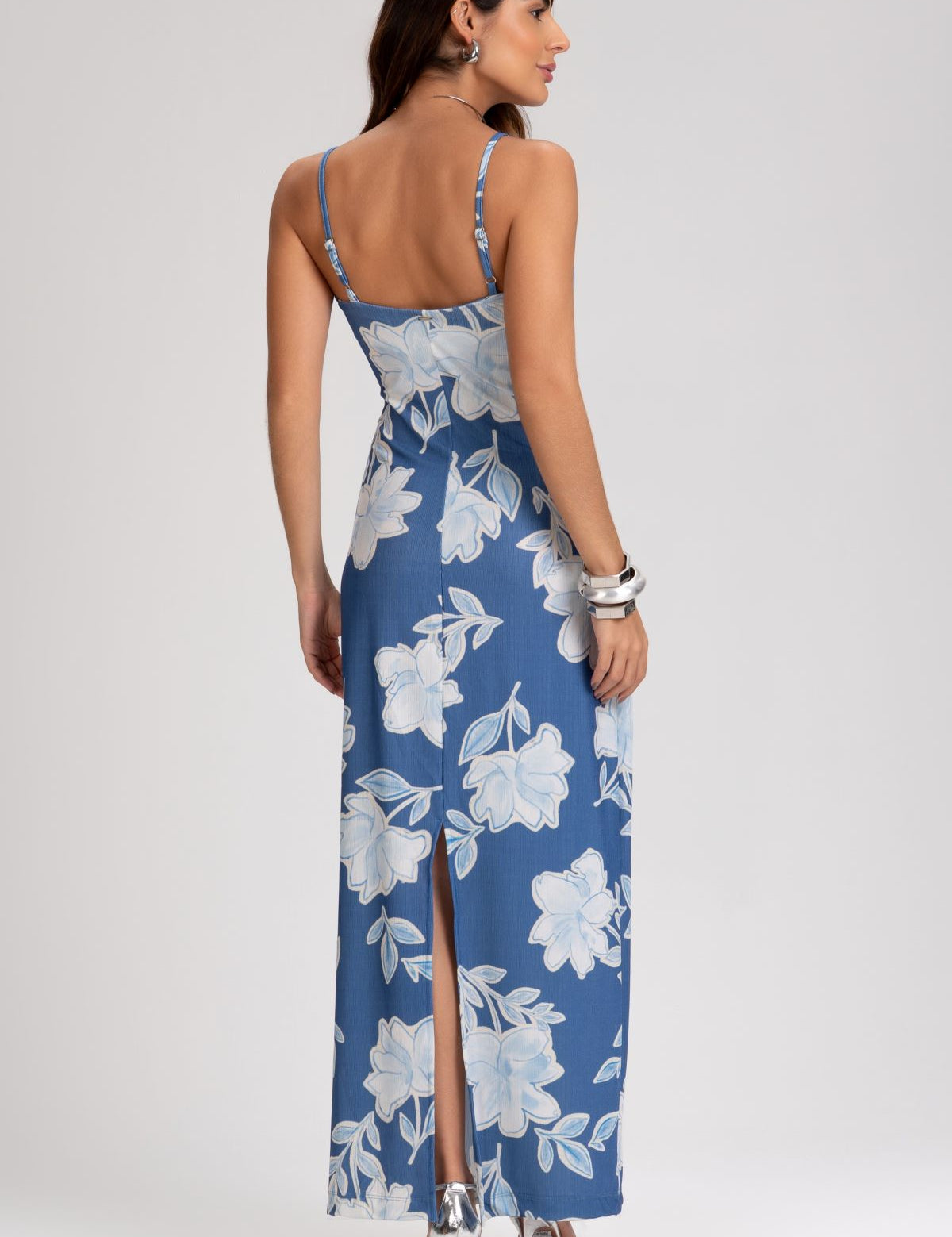 Vestido Longo Frysaide Azul Estampa Floral Canelado