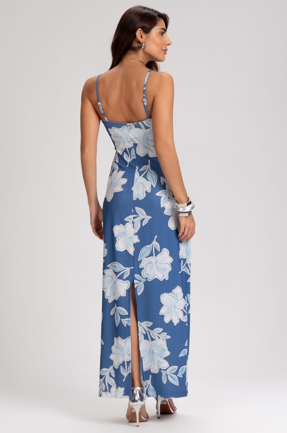 Vestido Longo Frysaide Azul Estampa Floral Canelado