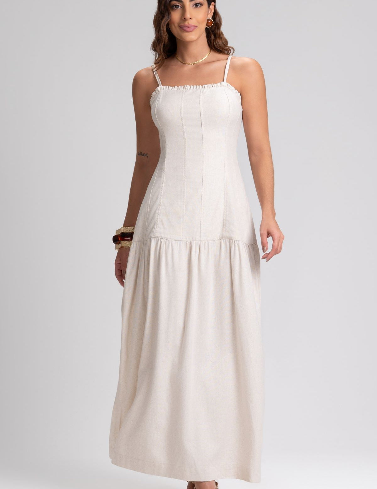 Vestido Longo Frysaide Linho Alças Reguláveis