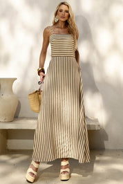 Vestido Longo Frysaide Marrom Listrado Amarração