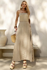Vestido Longo Frysaide Marrom Listrado Amarração