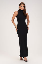 Vestido Longo Frysaide Preto Canelado Fenda Lateral