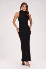 Vestido Longo Frysaide Preto Canelado Fenda Lateral