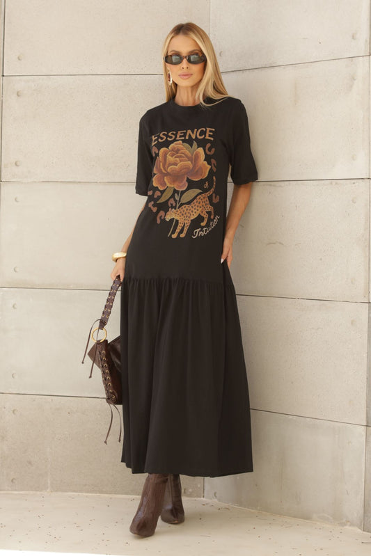 Vestido Longo Frysaide Preto Estampa Essence