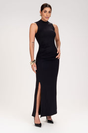 Vestido Longo Frysaide Preto Gola Alta Fenda