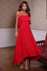 Vestido Longo Frysaide Vermelho Decote Reto Babado