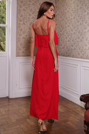 Vestido Longo Frysaide Vermelho Decote Reto Babado