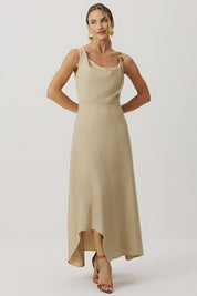 Vestido Longo Meia Loka Bege Decote Drapeado